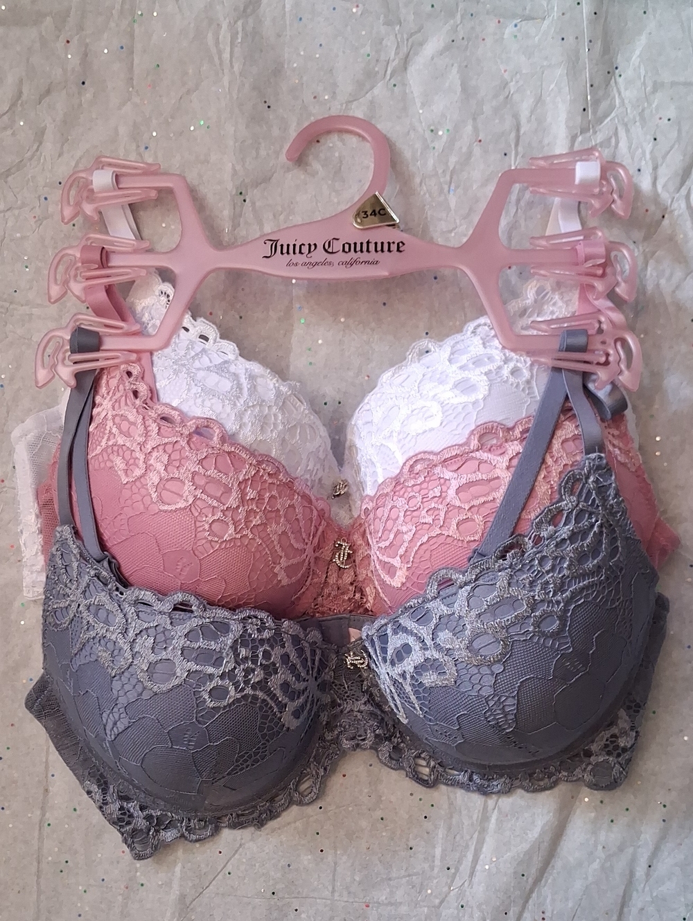 Juicy Couture Lace Push-Up Bra Trio in Pink, White & Purple